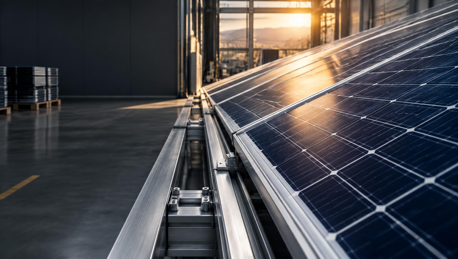 Panouri fotovoltaice și sisteme de montaj într-un spațiu industrial